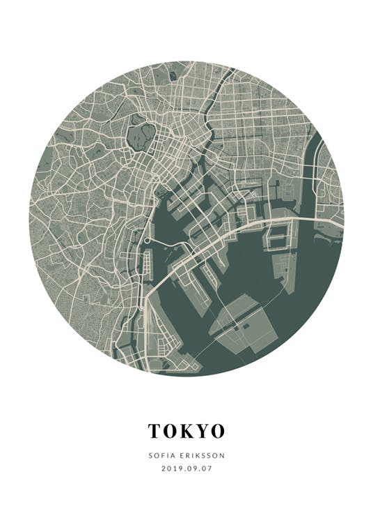 Un poster personalizat cu o hartă circulară a orașului Tokyo în nuanțe de verde și bej, pe un fundal alb.