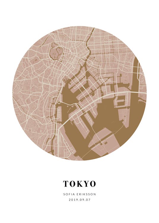 Personalisiertes Poster mit einer runden Stadtkarte von Tokio in Rosa- und Brauntönen auf weißem Hintergrund.
