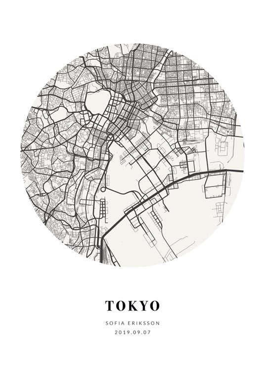 Personalisiertes Poster mit einer kreisförmigen Stadtkarte von Tokio in Schwarz-Weiß und personalisiertem Text.