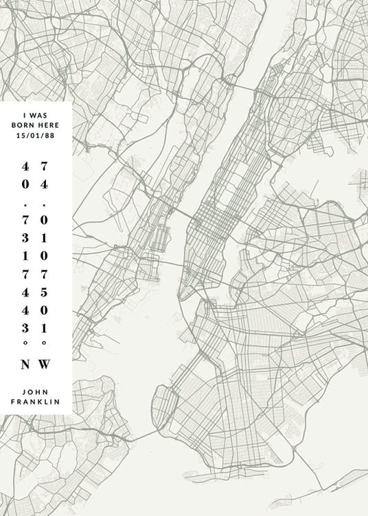 Personalisiertes Poster mit einer Straßenkarte von New York City und individuellen Geburtsdaten.