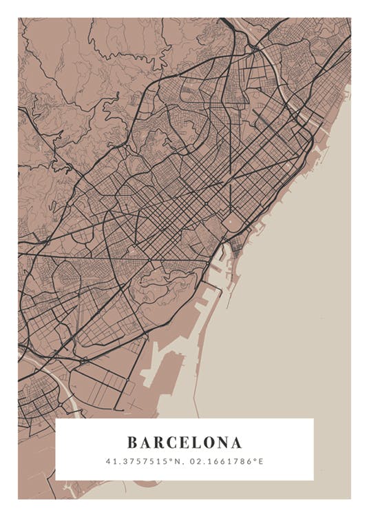Ein personalisiertes Poster mit einer rosa Stadtkarte von Barcelona und beige-braunen Details.