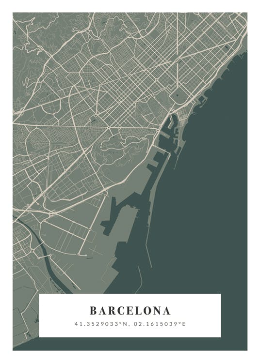 En personlig plakat med et grønt kart over Barcelona med lyse veier og havområder, samt tekst Barcelona og koordinater.