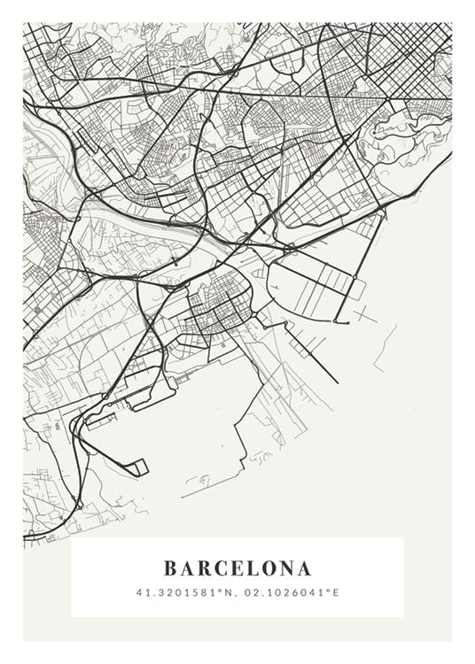 A personalised poster featuring a detailed map of Barcelona with black lines on a light background, and coordinates at the botto