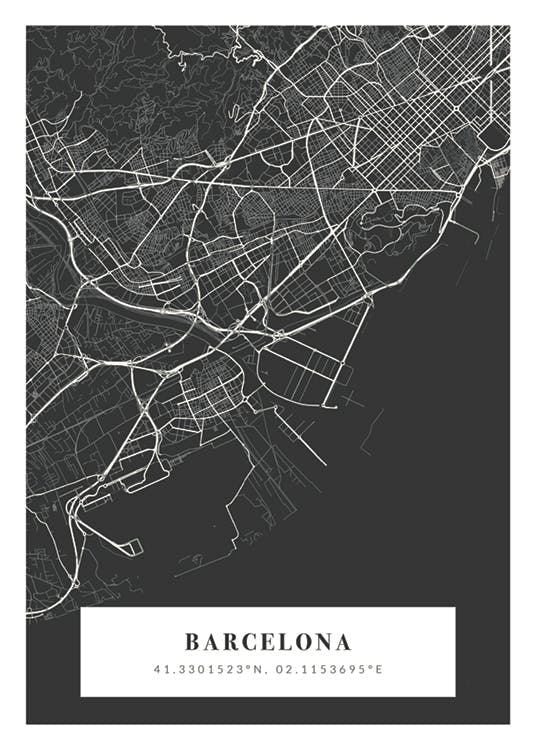 A personalised poster of a Barcelona city map in dark grey and white, with the city name and coordinates at the bottom.