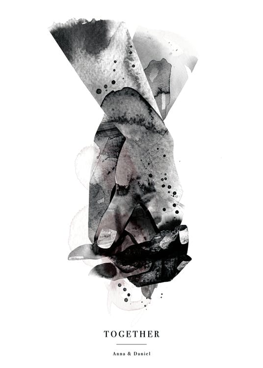 Gepersonaliseerde poster met twee handen die elkaar vasthouden in een grijs-zwarte aquarel stijl.
