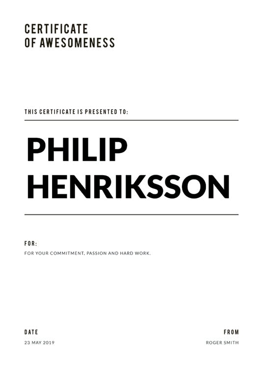Poster personnalisé Certificate of Awesomeness avec les noms Philip Henriksson et Roger Smith sur fond blanc épuré.