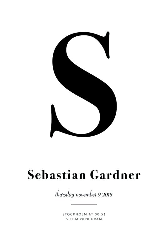 Poster personnalisé blanc avec une grande lettre S noire et le nom Sebastian Gardner, la date du jeudi 9 novembre 2016, lheure e