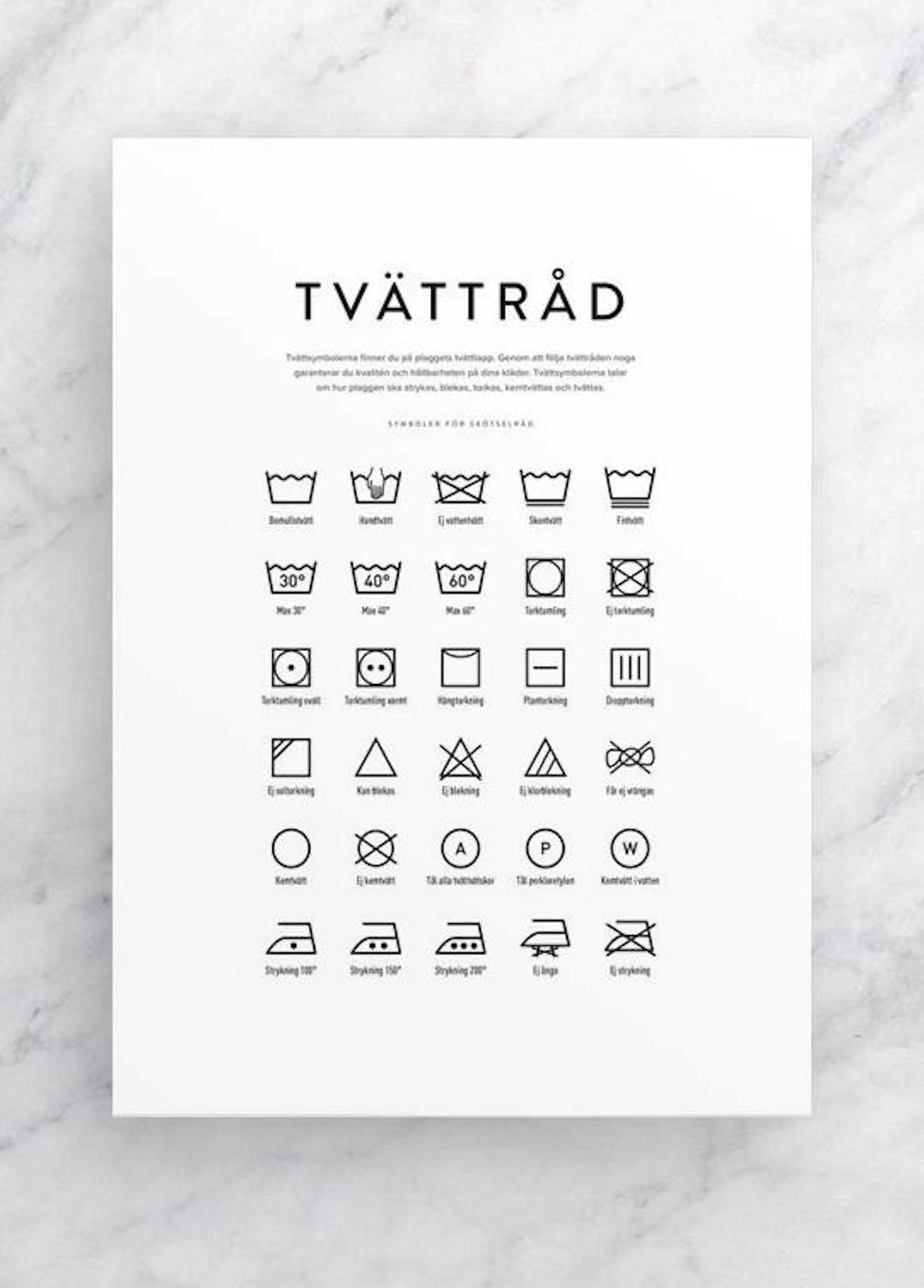 A minimalist white poster detailing laundry care symbols in black, displayed on a light grey marble surface.