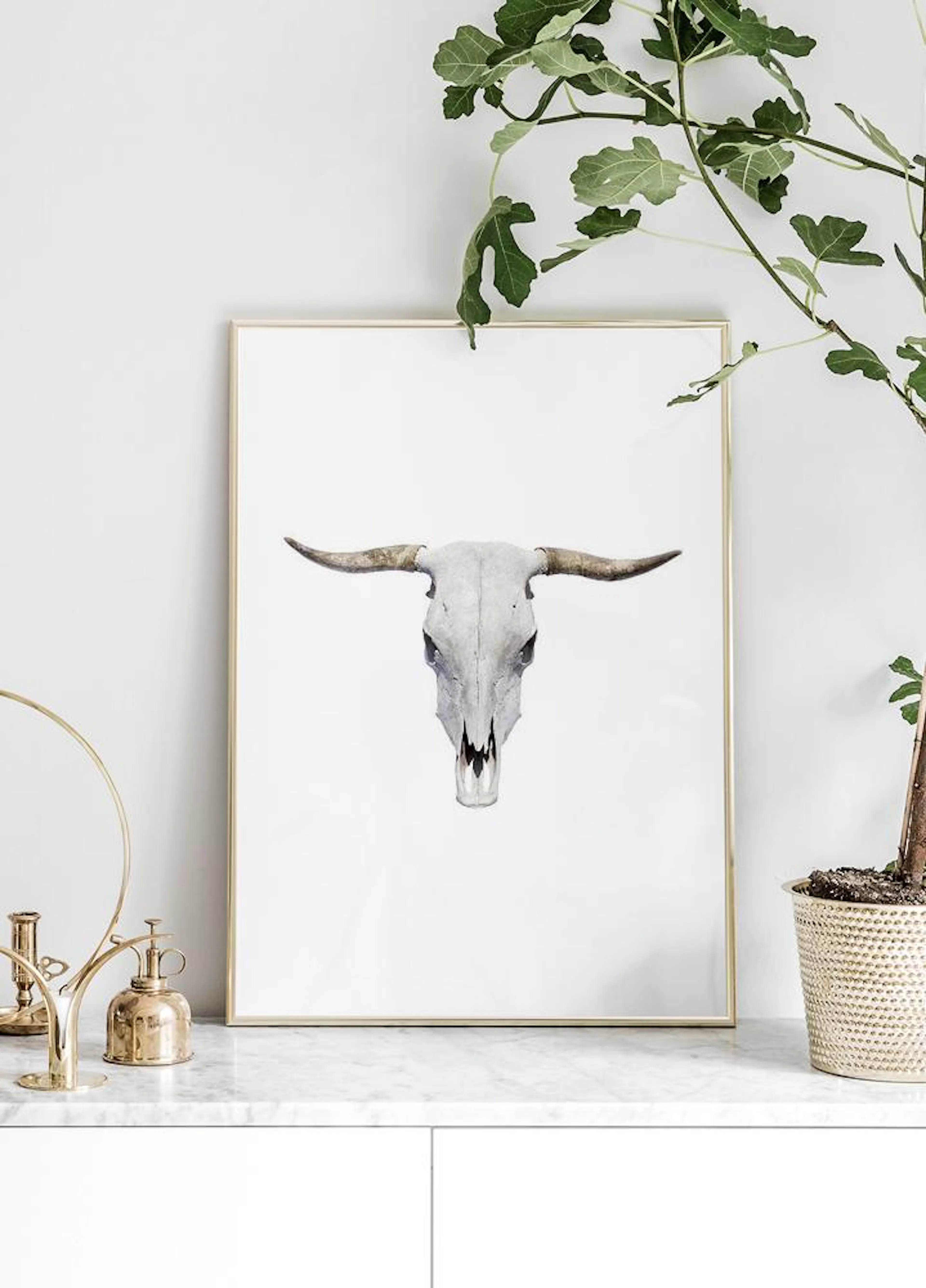 A poster of a white and grey bull skull with horns, displayed on a marble countertop beside a green plant in a beige pot.