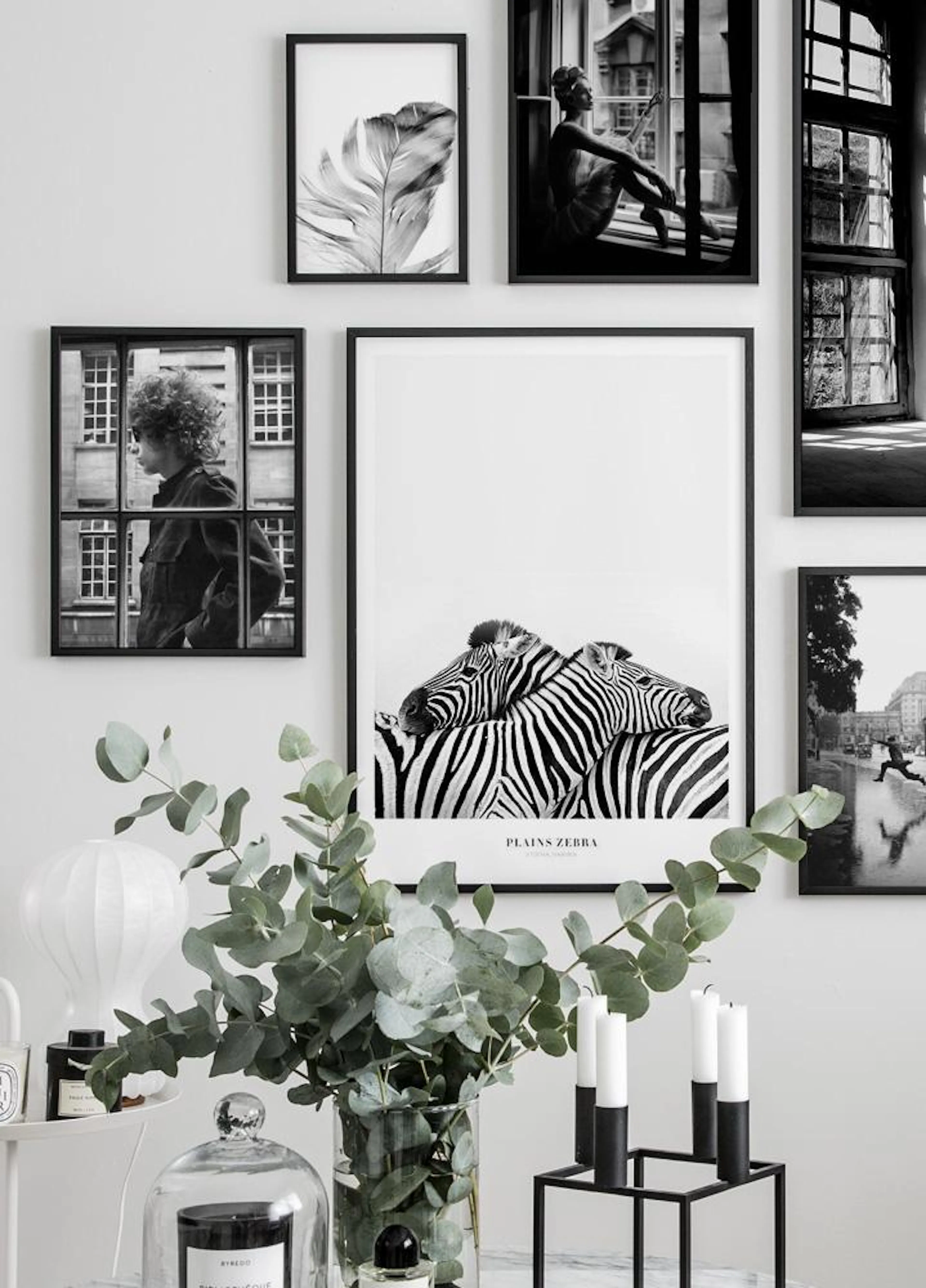 Mustavalkoinen juliste, jossa on kolme seepraa, niiden raidat lomittuvat. Se on osa tauluseinää valkoisessa huoneessa.