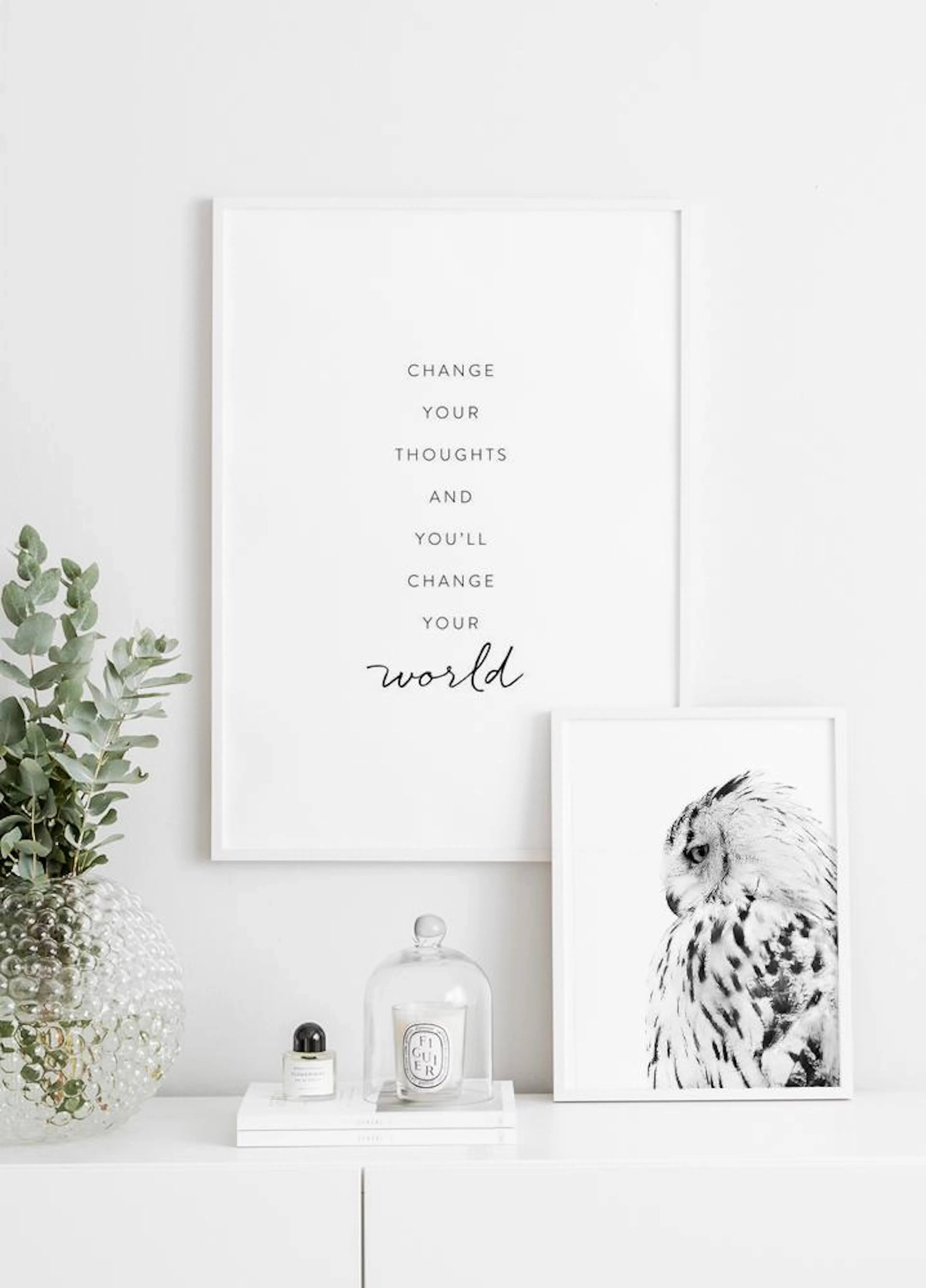 A poster with the quote Change your thoughts and youll change your world next to a poster of a black and white owl, displayed on