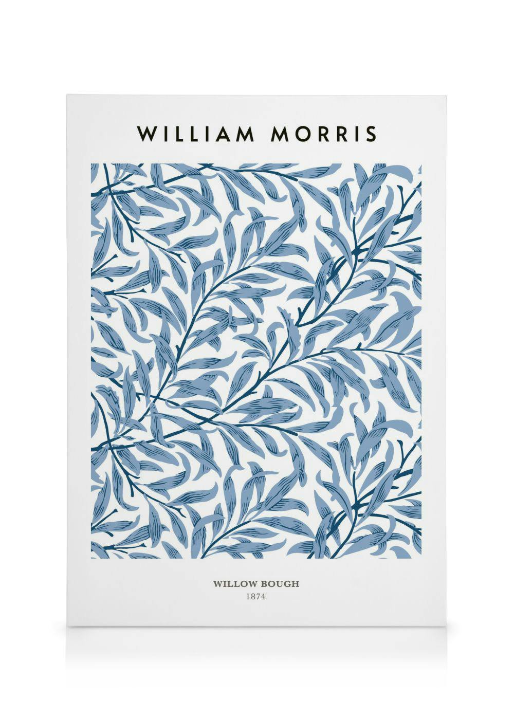 Lærred med William Morris Willow Bough mønster i blå nuancer på hvid baggrund.