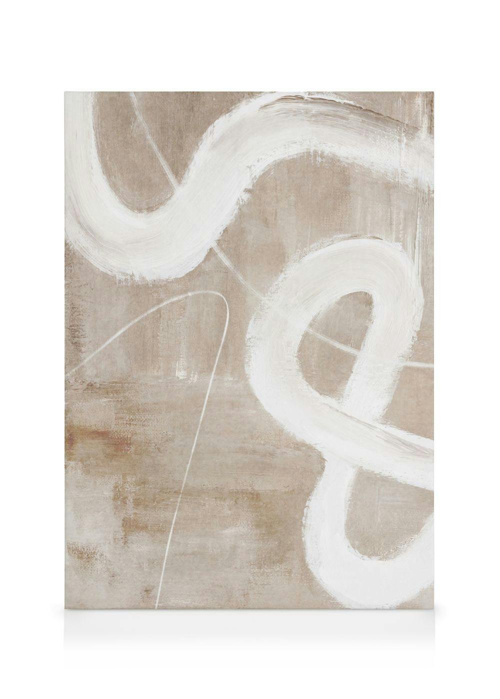 Lærred med abstrakte hvide penselstrøg og tynde linjer på en beige baggrund.