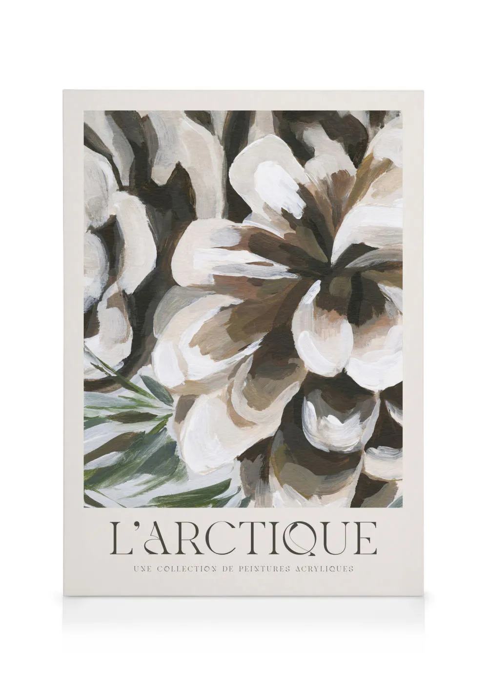 A canvas featuring a close-up painted pinecone in white, brown, and green tones with LARCTIQUE text.