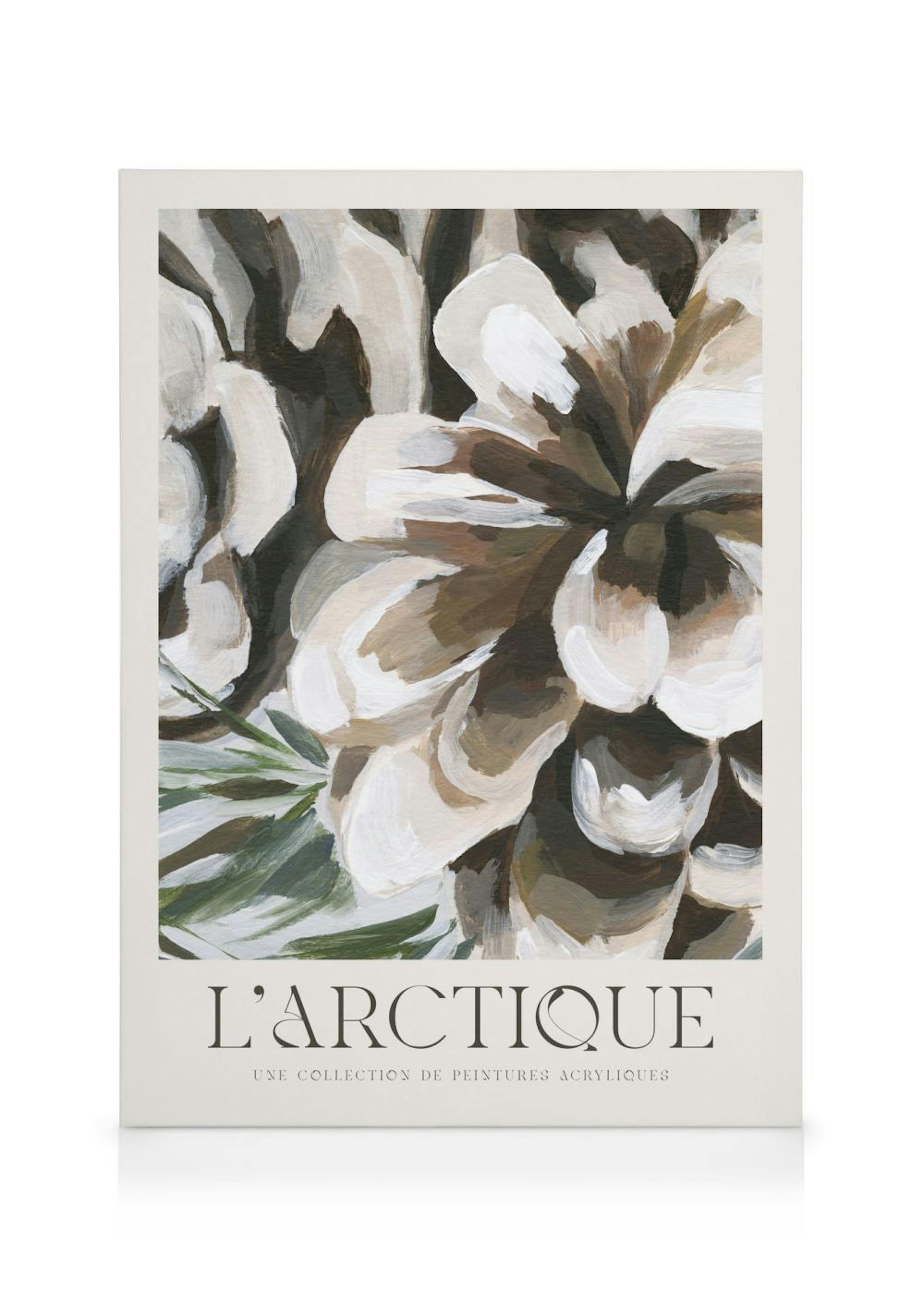 A canvas featuring an artistic close-up of a pinecone with white, brown, and green brushstrokes, and text LARCTIQUE.