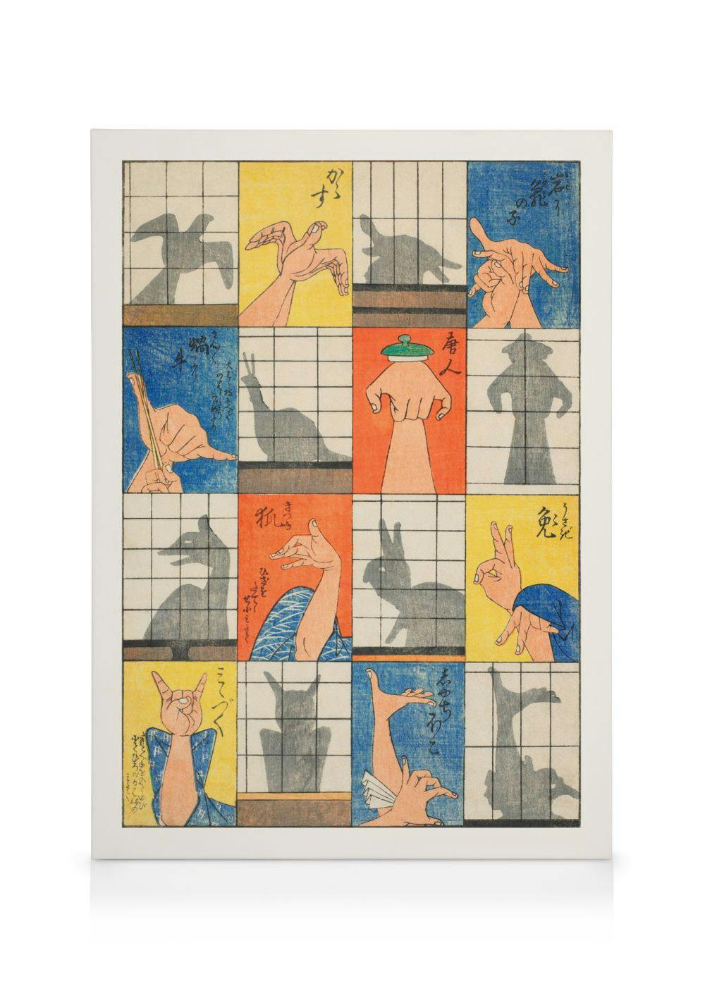 Toile japonaise dun tableau quadrillé montrant des mains formant des ombres chinoises danimaux.