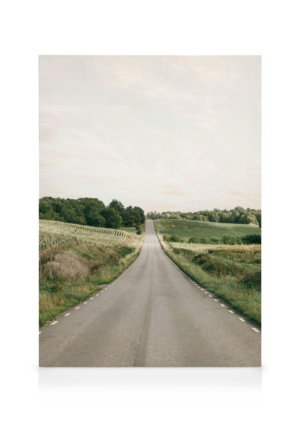 Leinwandbild einer langen, geraden Landstraße, die durch grüne Felder und Wälder führt, unter einem hellen Himmel.