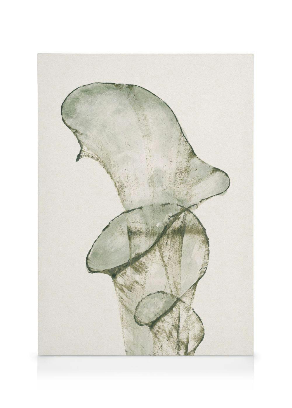 A canvas featuring layered, organic shapes in muted sage green and earthy tones on a light background.