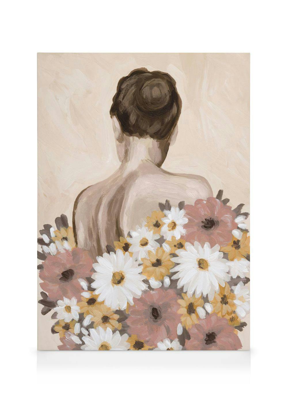 Stampa su tela che raffigura una donna di spalle con una voluminosa acconciatura, circondata da un bouquet di fiori.