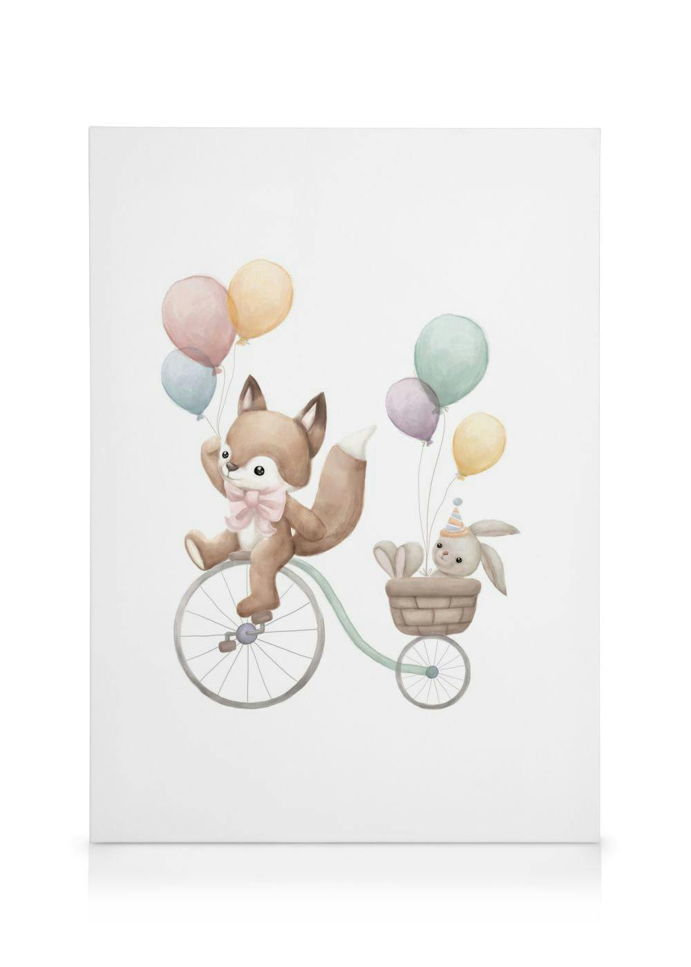 Leinwandbild mit einem Fuchs auf einem Fahrrad, der einen Hasen im Korb und bunte Ballons transportiert.