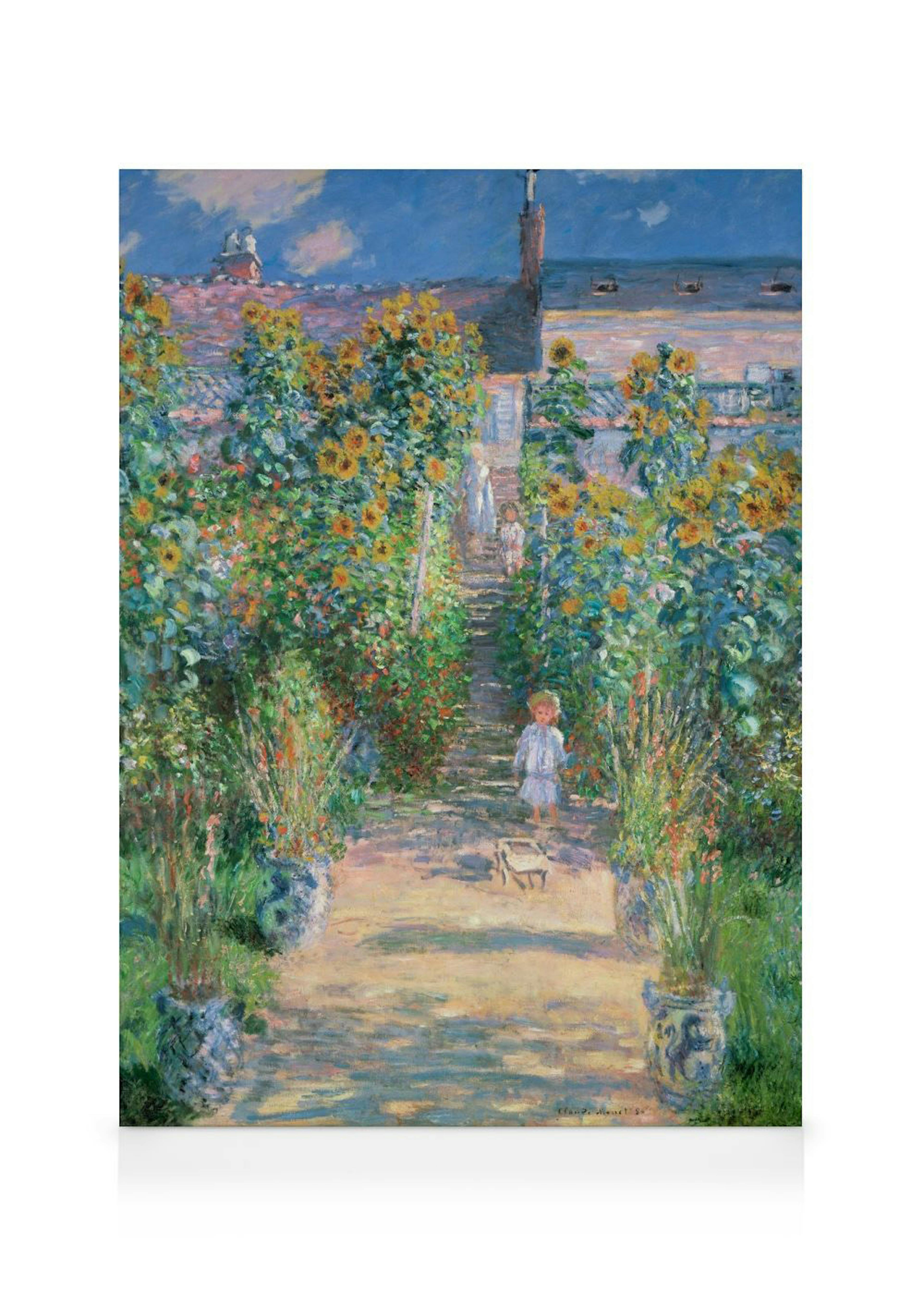 Stampa su tela di un giardino con percorso centrale fiancheggiato da alti girasoli e figure in lontananza.