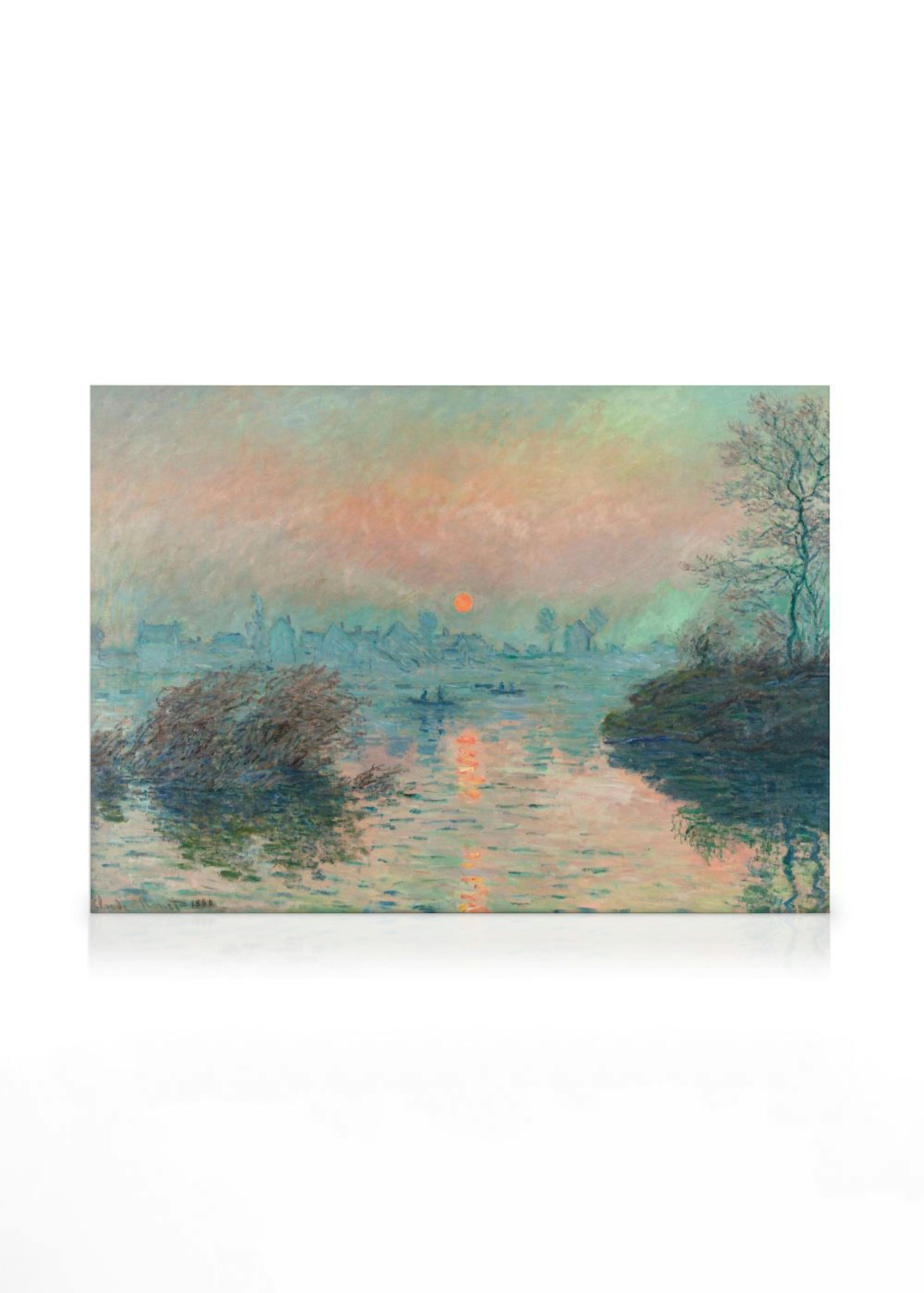 A canvas of Monets Impression, Sunrise painting with an orange sun over a hazy blue-green river and distant town.