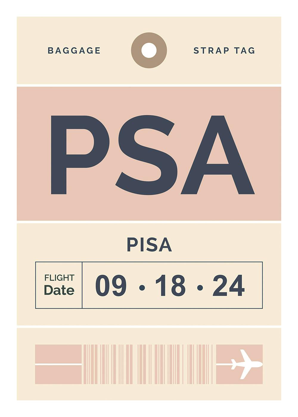 A personalised poster designed as a vintage airport baggage tag for Pisa, featuring a flight date and a barcode.