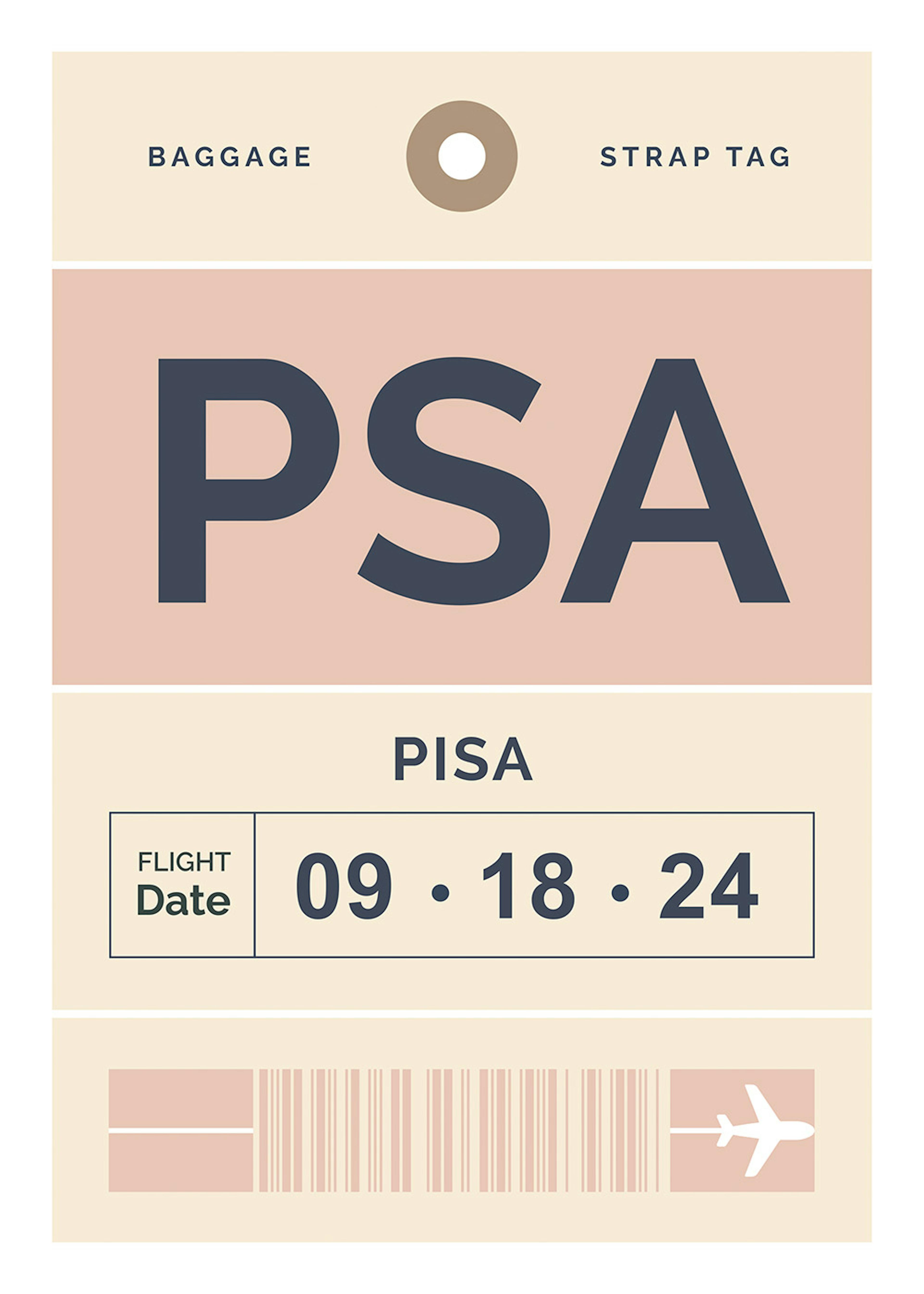 A personalised poster designed as a vintage airport baggage tag for Pisa, featuring a flight date and a barcode.