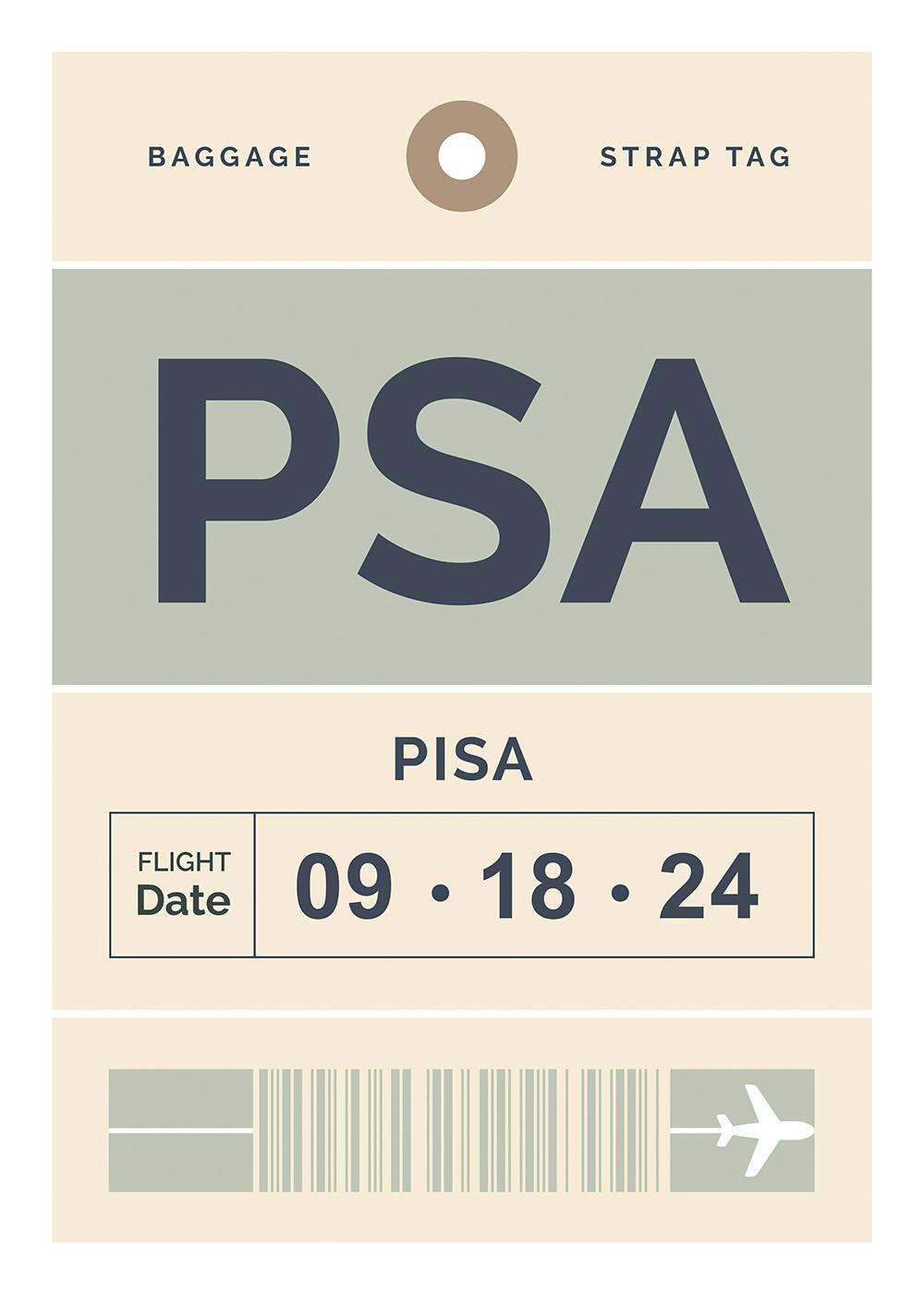 A personalised poster designed as a baggage tag with PSA and PISA in dark grey, and 09.18.24 for the flight date.
