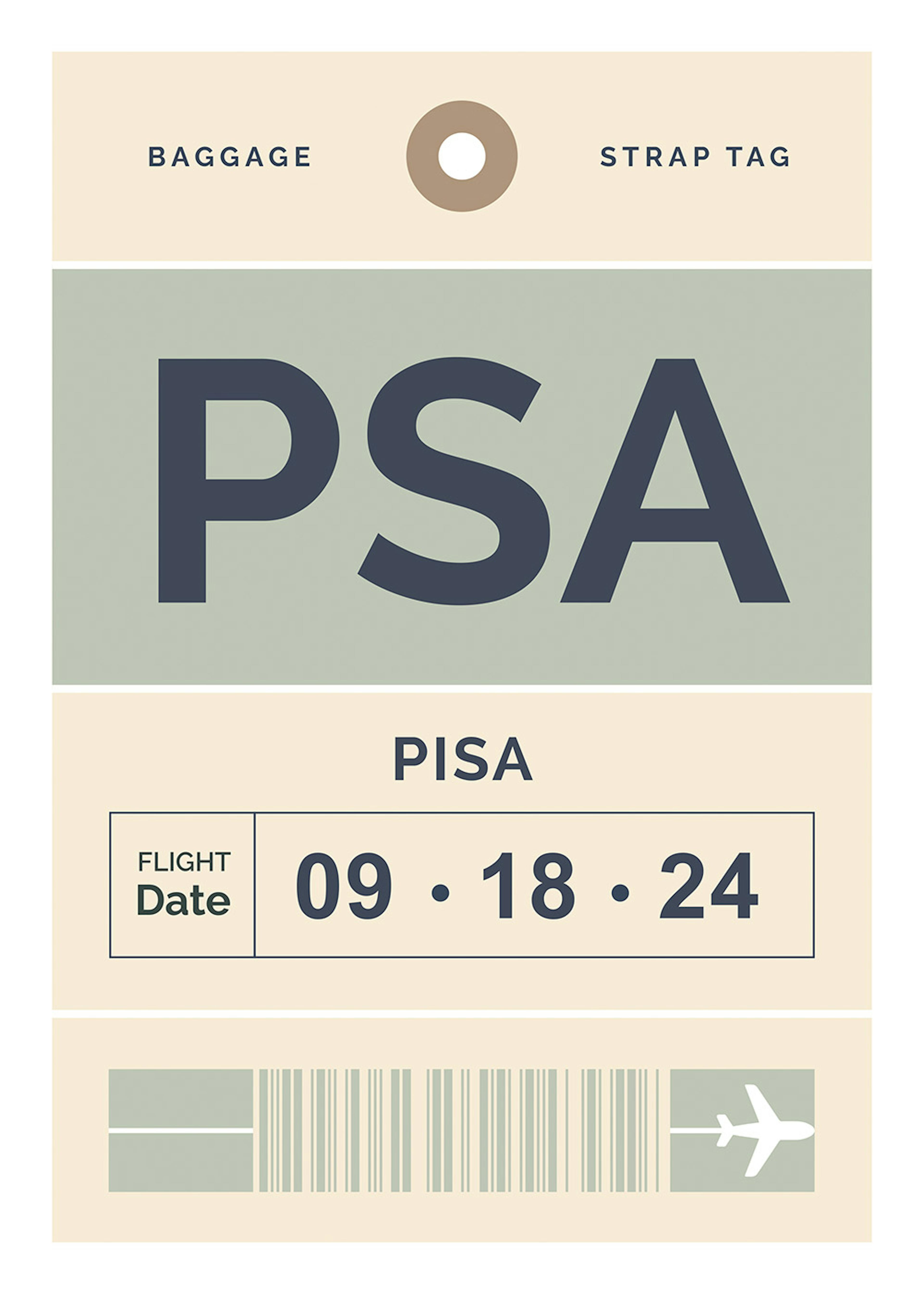 A personalised poster designed as a baggage tag with PSA and PISA in dark grey, and 09.18.24 for the flight date.