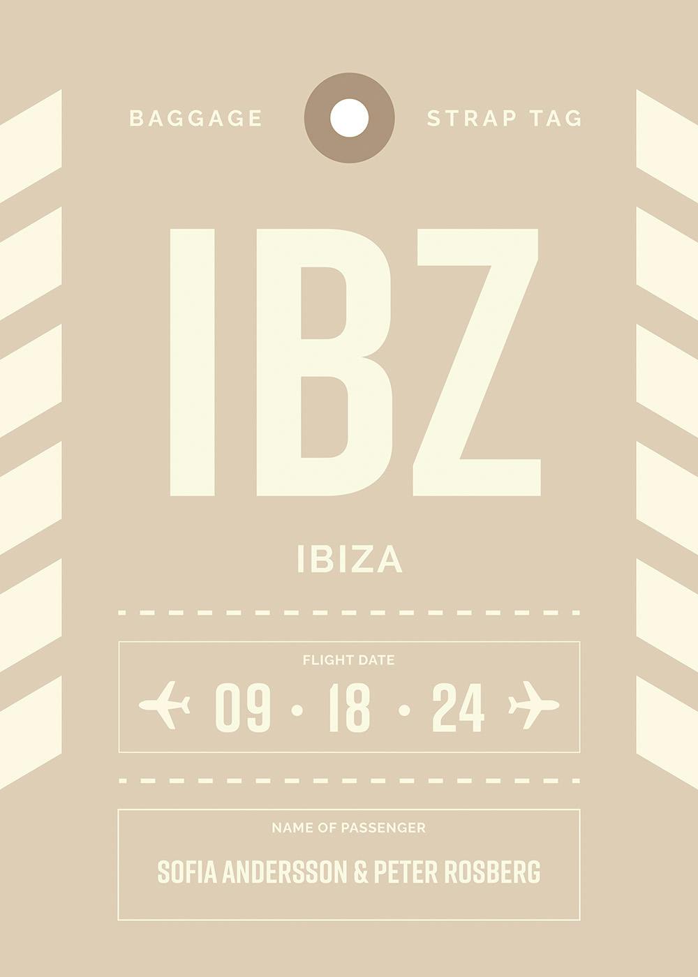 A personalised poster designed as a baggage tag to Ibiza with custom names and flight date.