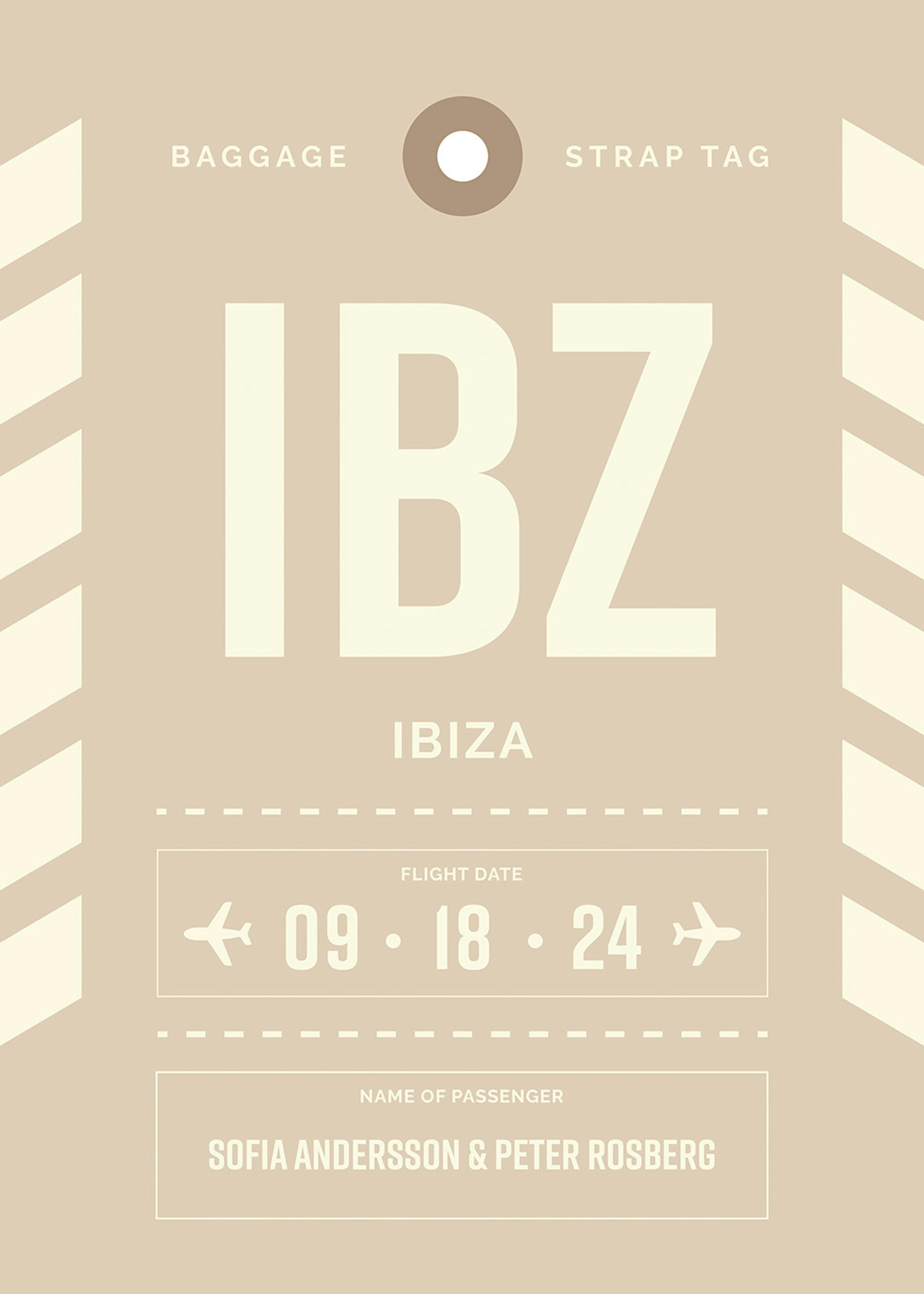 A personalised poster designed as a baggage tag to Ibiza with custom names and flight date.