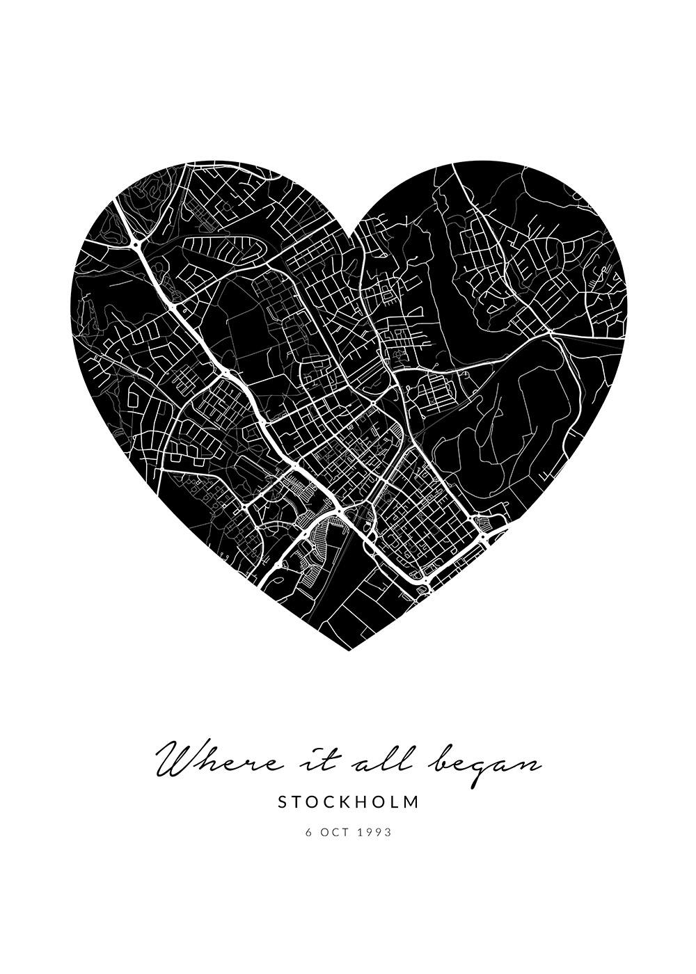 Ein personalisiertes Poster mit einer Herzkarte von Stockholm und dem Text Where it all began.