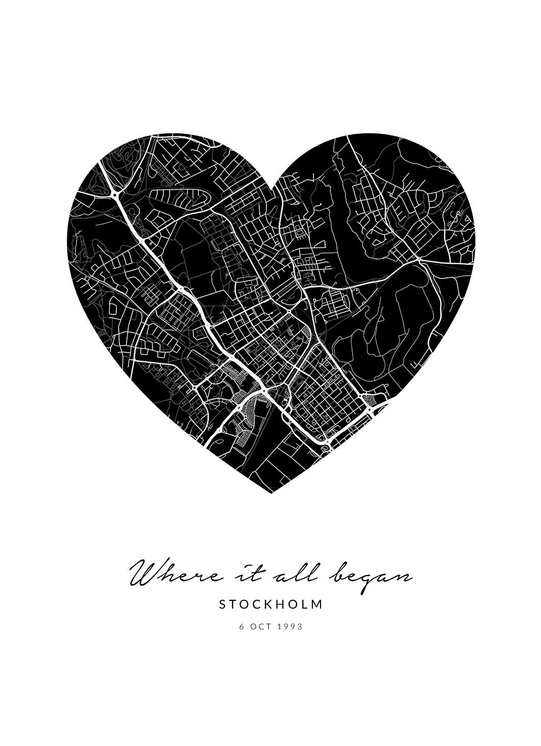 Prints Heart Map Black Personal Poster (50x70 cm) - Poster Store
