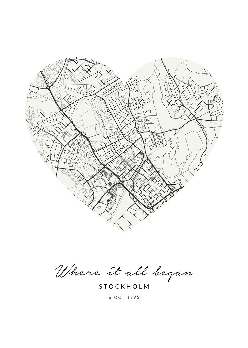 Personalisiertes Poster mit einer Herzkarte von Stockholm und dem Text Where it all began.