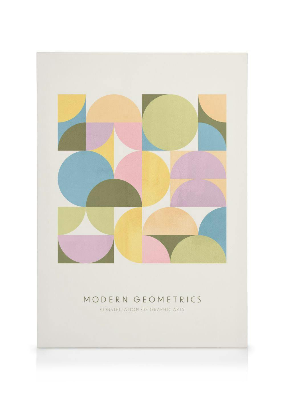 Toile Modern Geometrics avec des formes géométriques colorées, notamment des cercles et demi-cercles pastel.
