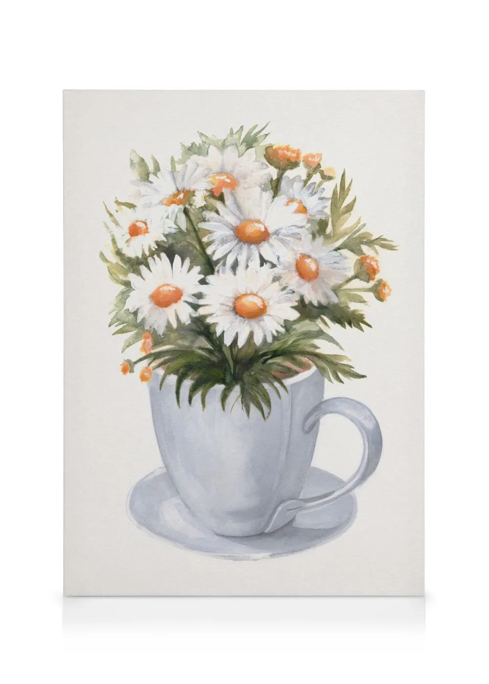 A canvas featuring a watercolor painting of white daisies with orange centers and green leaves in a grey teacup with a saucer.
