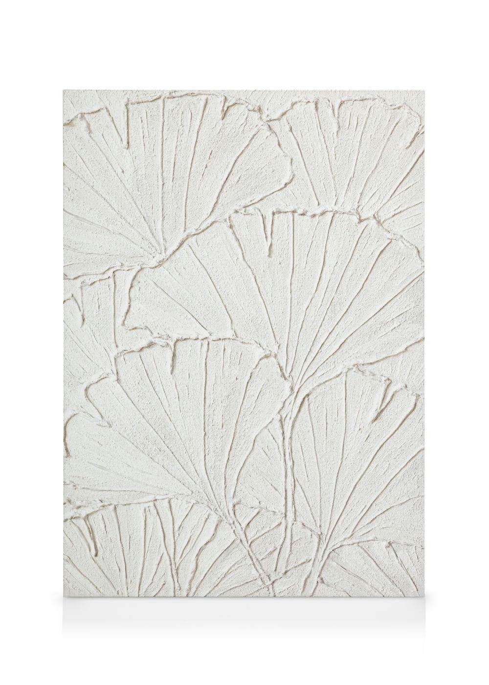 A textured white canvas with raised ginkgo leaf patterns, showcasing organic botanical art.