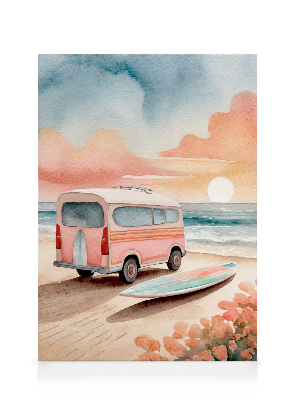 A watercolour canvas of a pink camper van parked on a sandy beach at sunset, with a surfboard beside it.