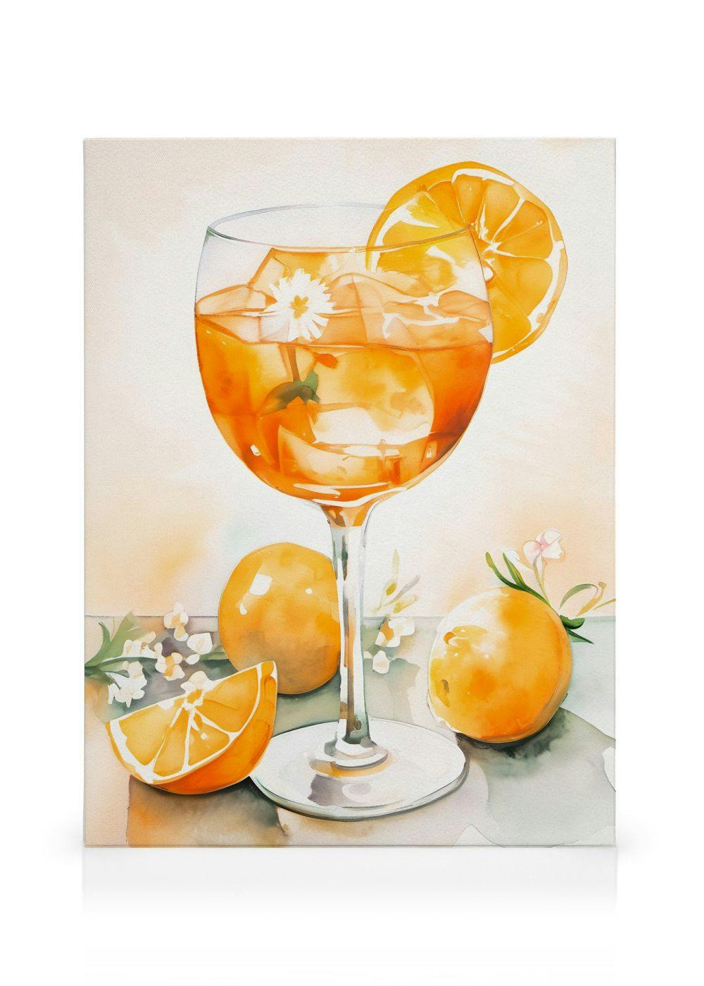 Leinwandbild eines Aquarells mit einem Aperitifglas voller Eiswürfel und Orangenscheiben, umgeben von Orangen und zarten Blüten.