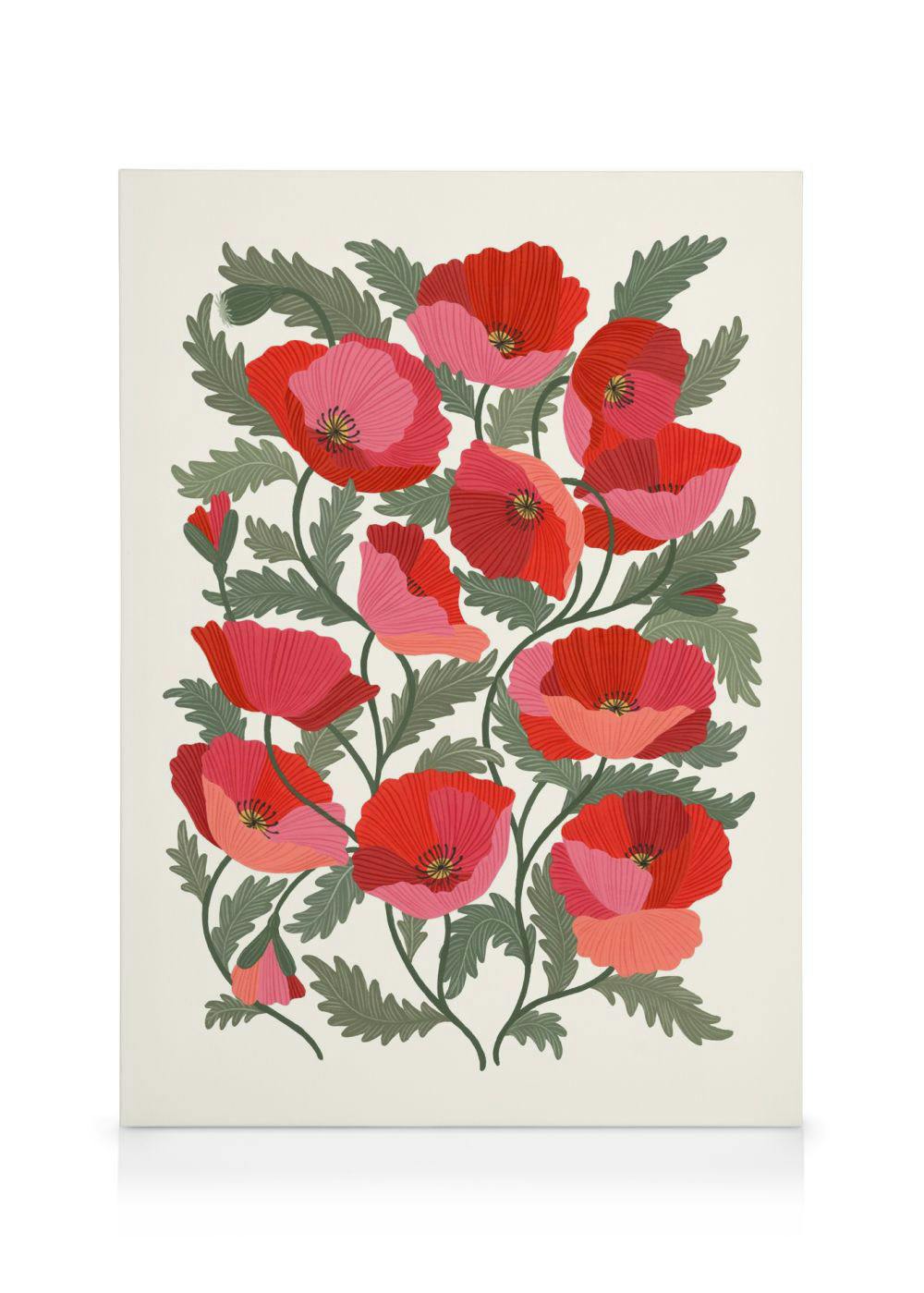 Een canvas met een patroon van rode en roze klaprozen en groene bladeren op een lichte achtergrond.