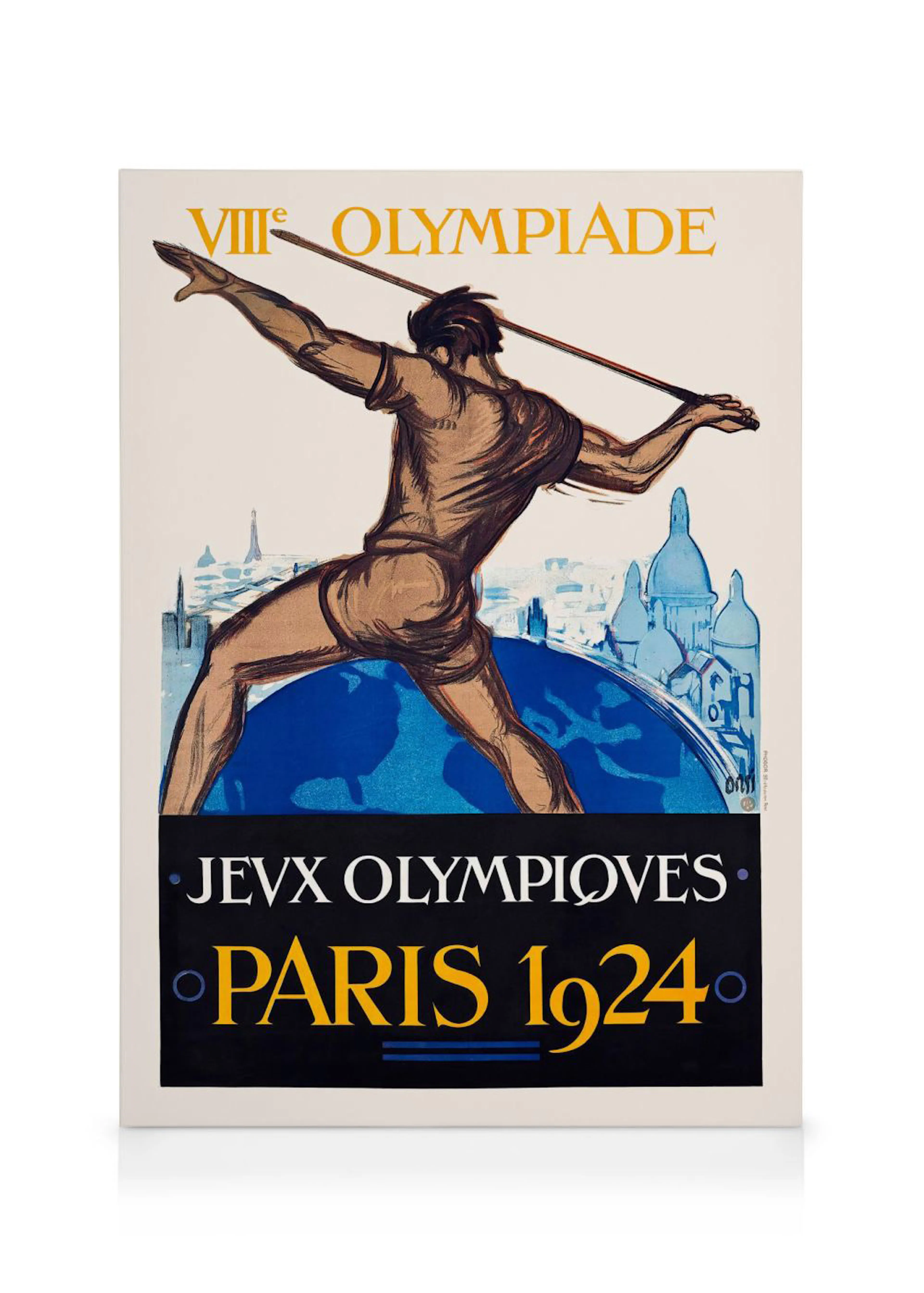 A vintage Paris 1924 Olympics javelin thrower canvas, featuring a male athlete over a blue globe and city skyline.