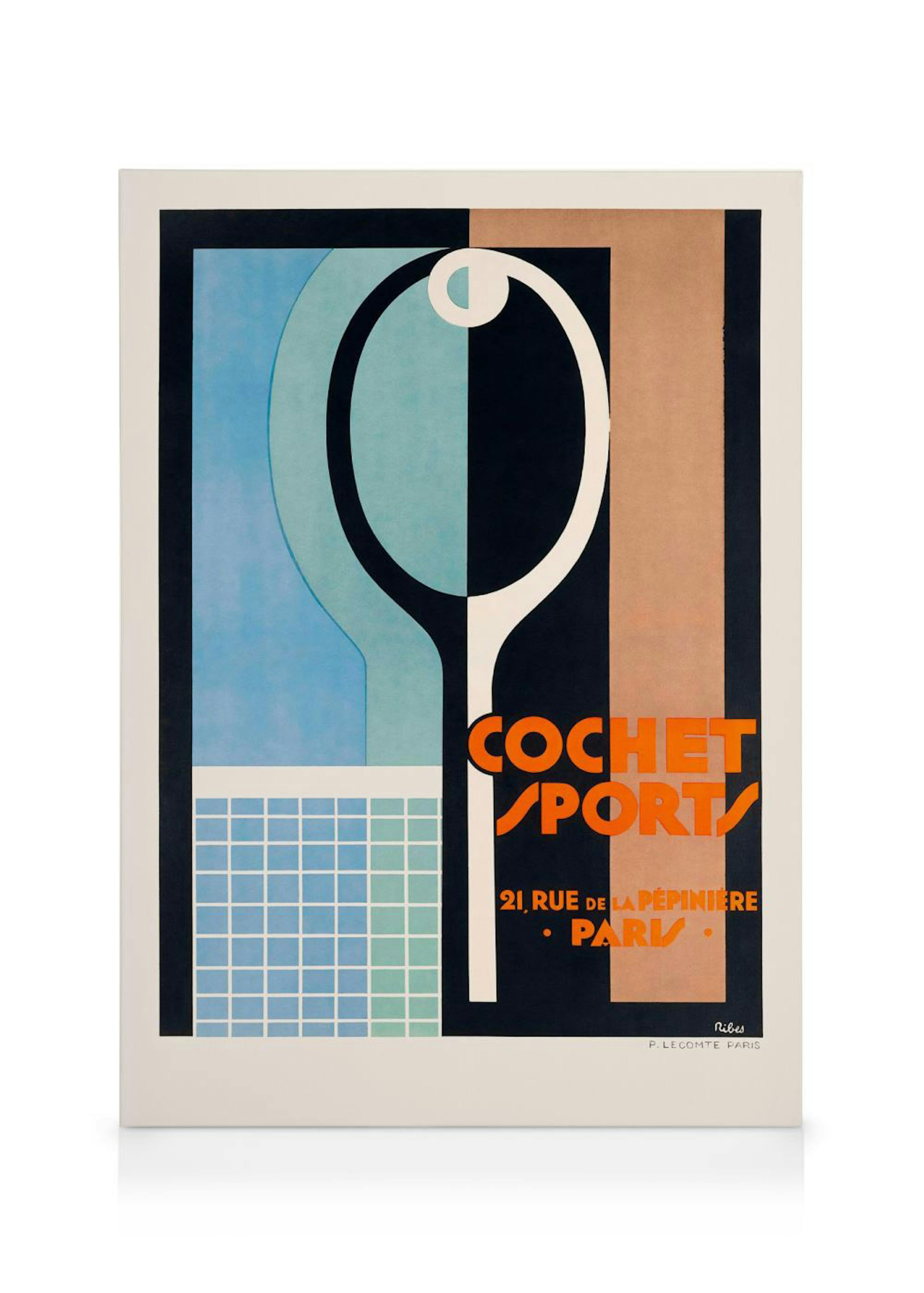A vintage sports canvas with an art deco tennis racket over a blue court and black/brown background.
