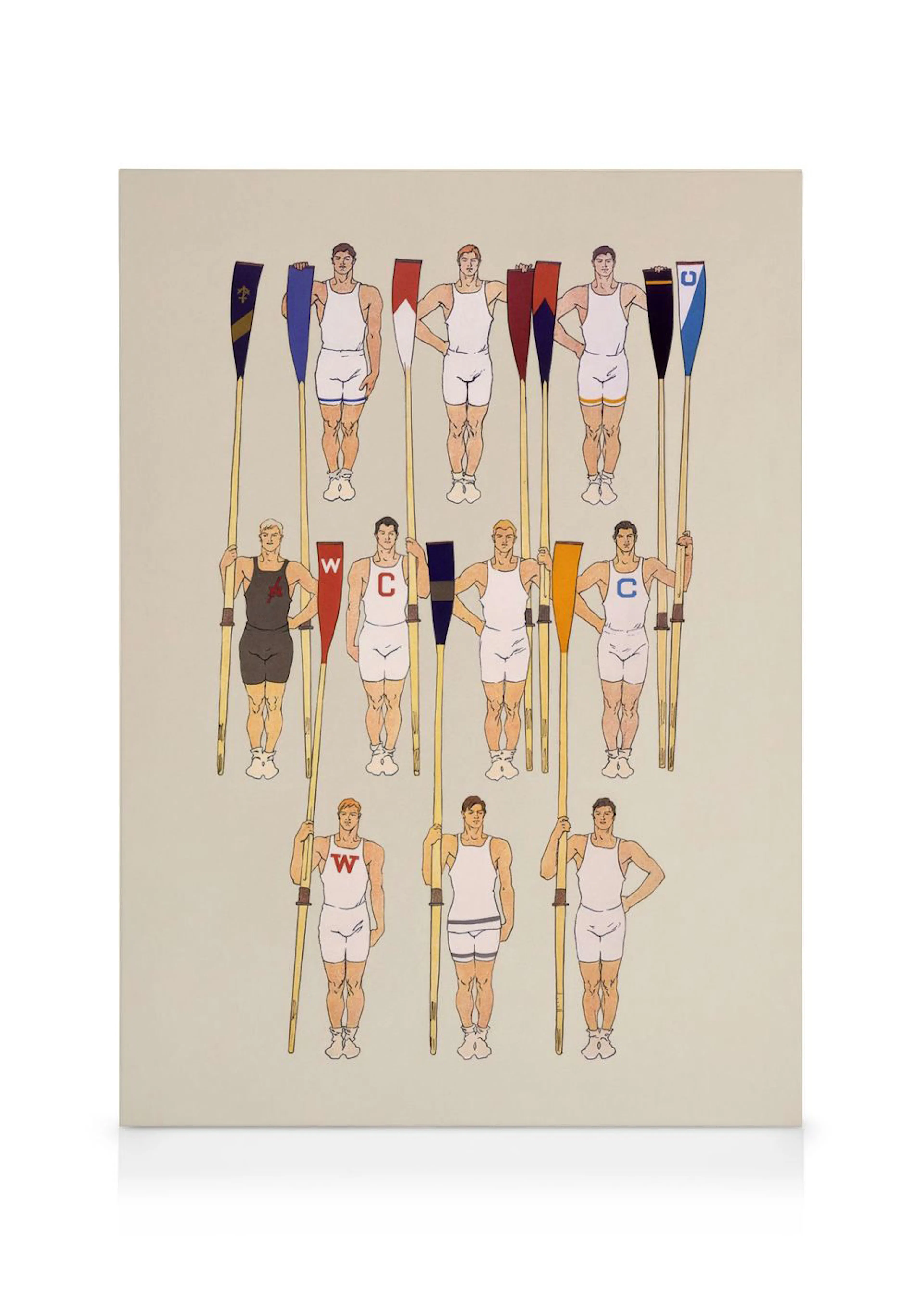 A canvas print portraying an illustration of nine male rowers in white and dark singlets, holding colorful oars.