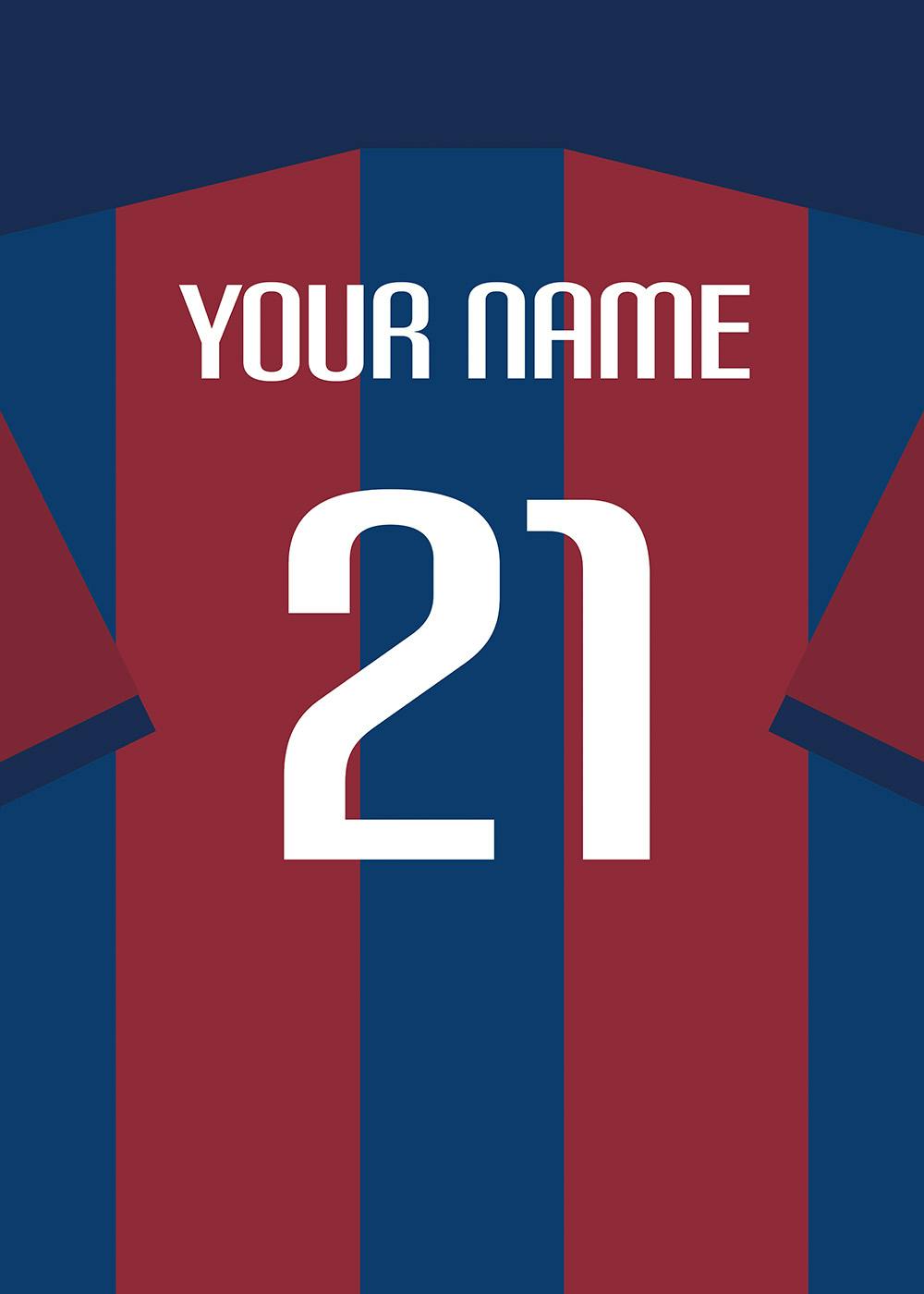A personalised poster featuring the back of a sports jersey with a navy blue and maroon striped pattern, and white text YOUR NAM