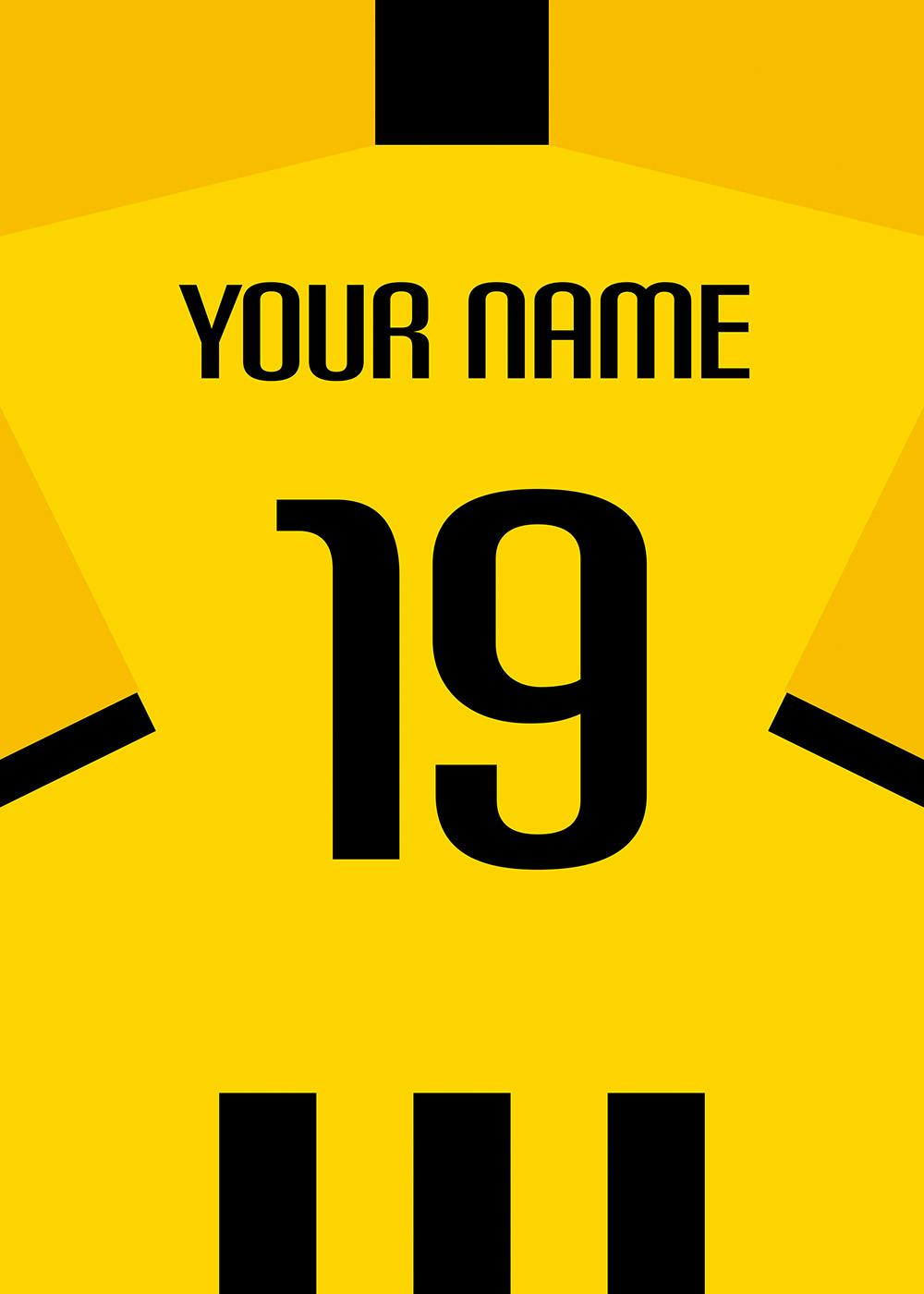 Gepersonaliseerde poster: Geel voetbalshirt met zwart nummer 19 en de tekst YOUR NAME.