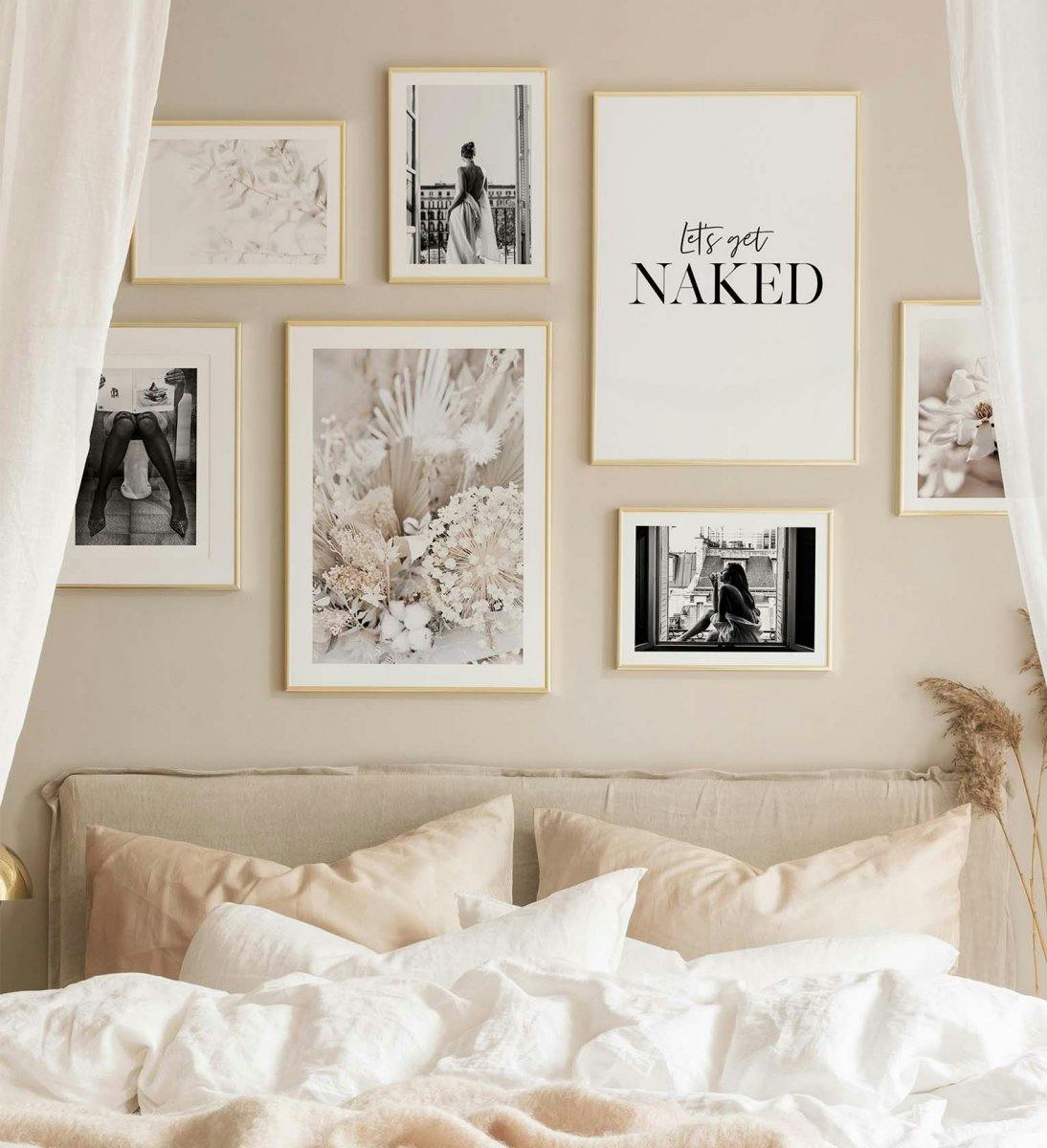 Monochrome posters gecombineerd met beige kleuren maken een trendy fotowand voor de slaapkamer (ONE SIZE) - Poster Store
