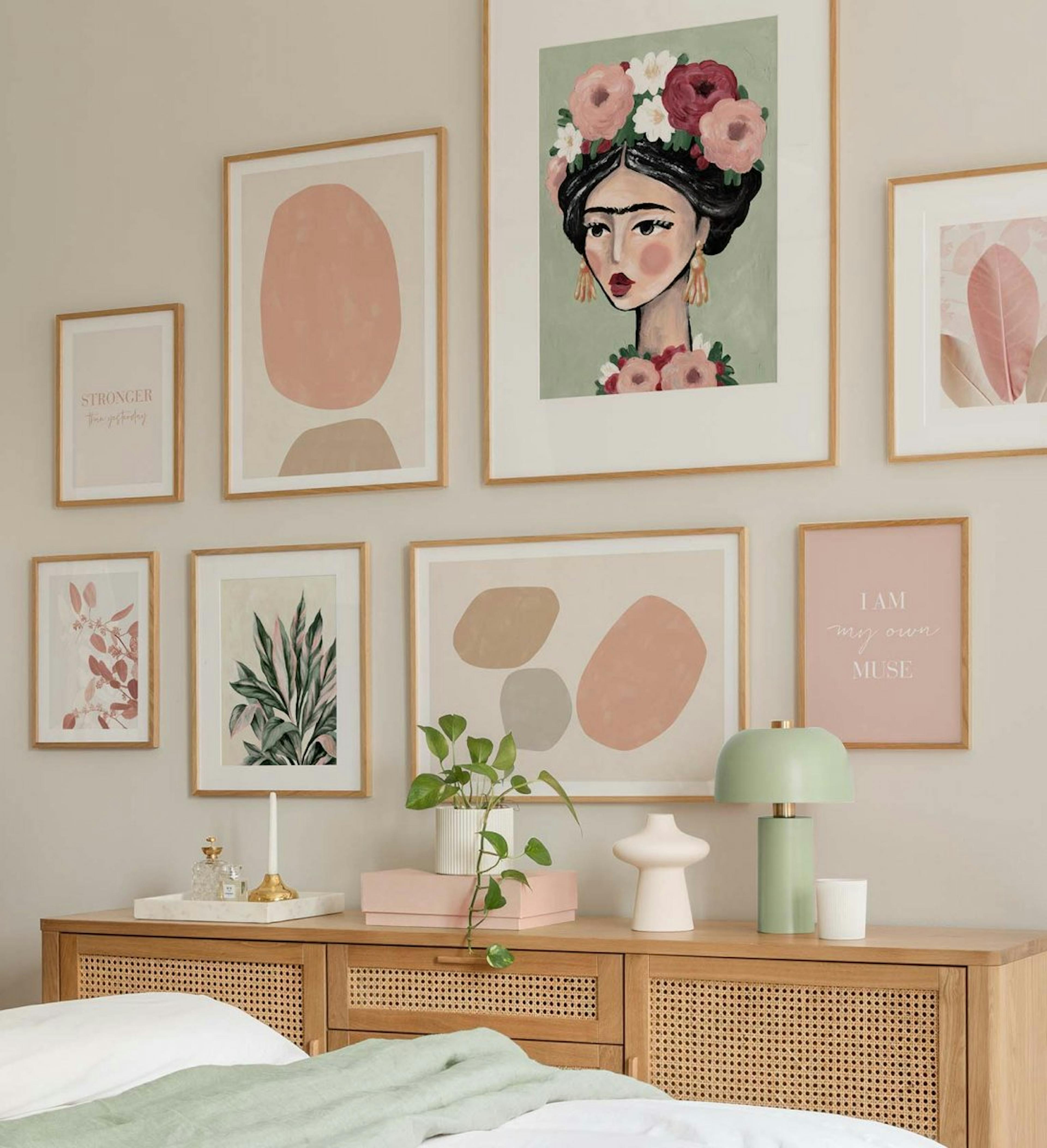 Pink and beige theme of abstract art prints and illustrations for the living room or bedroom