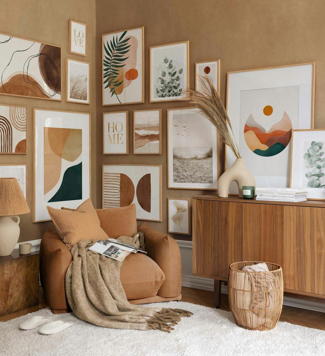 Modern gallery wall with graphic art prints in nature colours with oak frames for living room or bedroom (ONE SIZE) - Poster Store