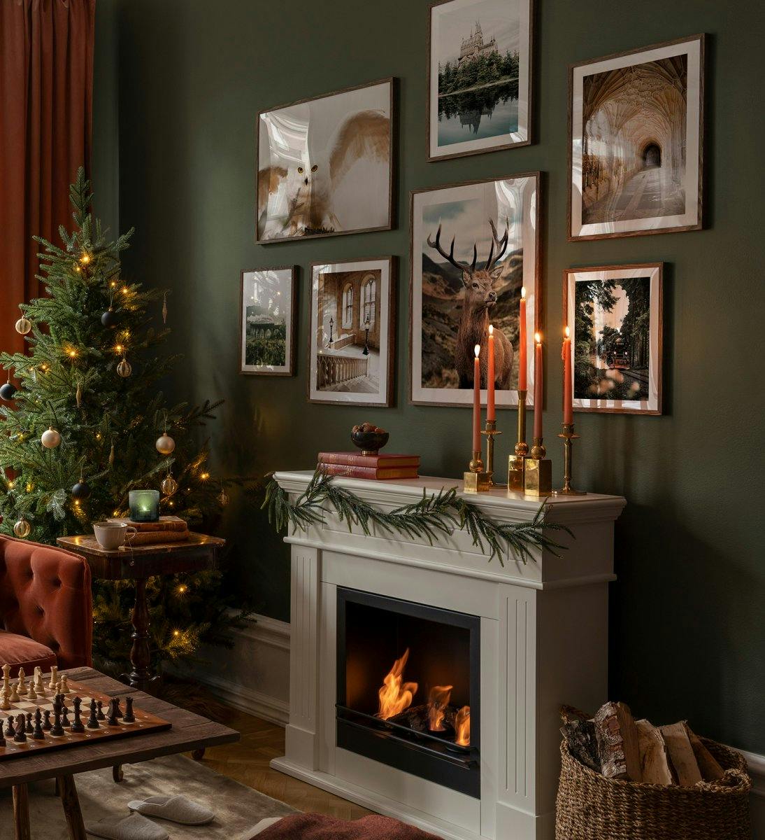 Magical gallery wall with photographs of animals, dark woods and castles with dark oak frames for living room (ONE SIZE) - Poster Store